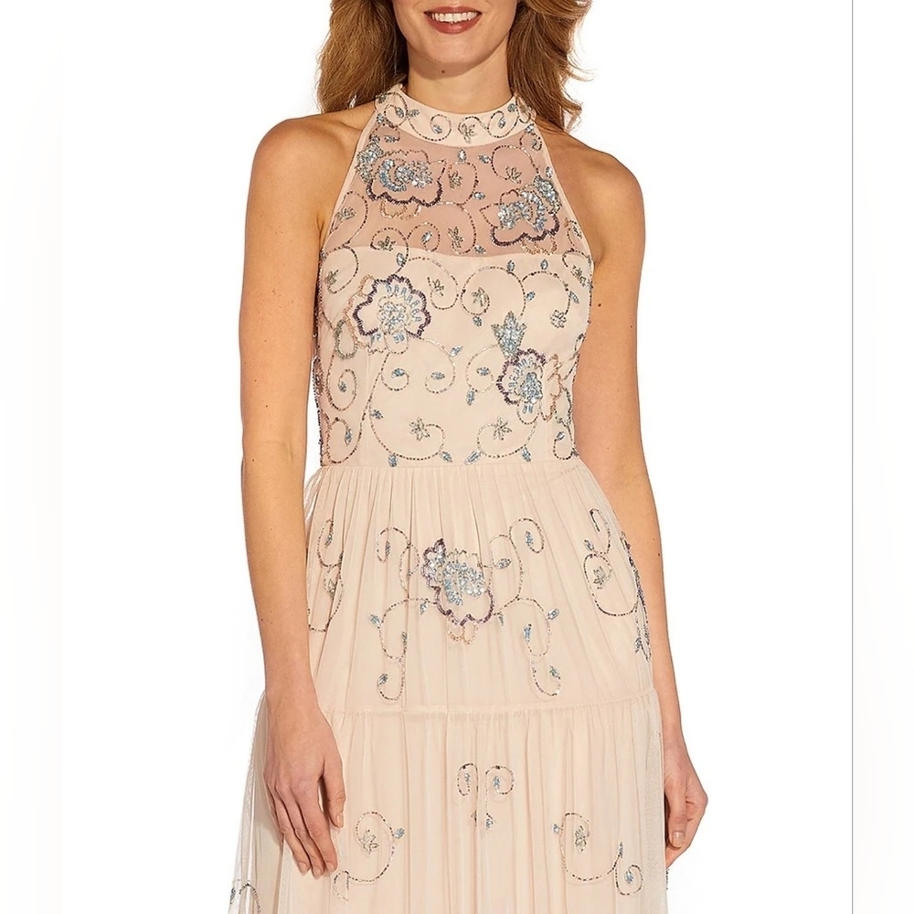 Adrianna Papell Sleeveless Halter Neck Beaded Mesh Keyhole Back Detail - Picture 3 of 12